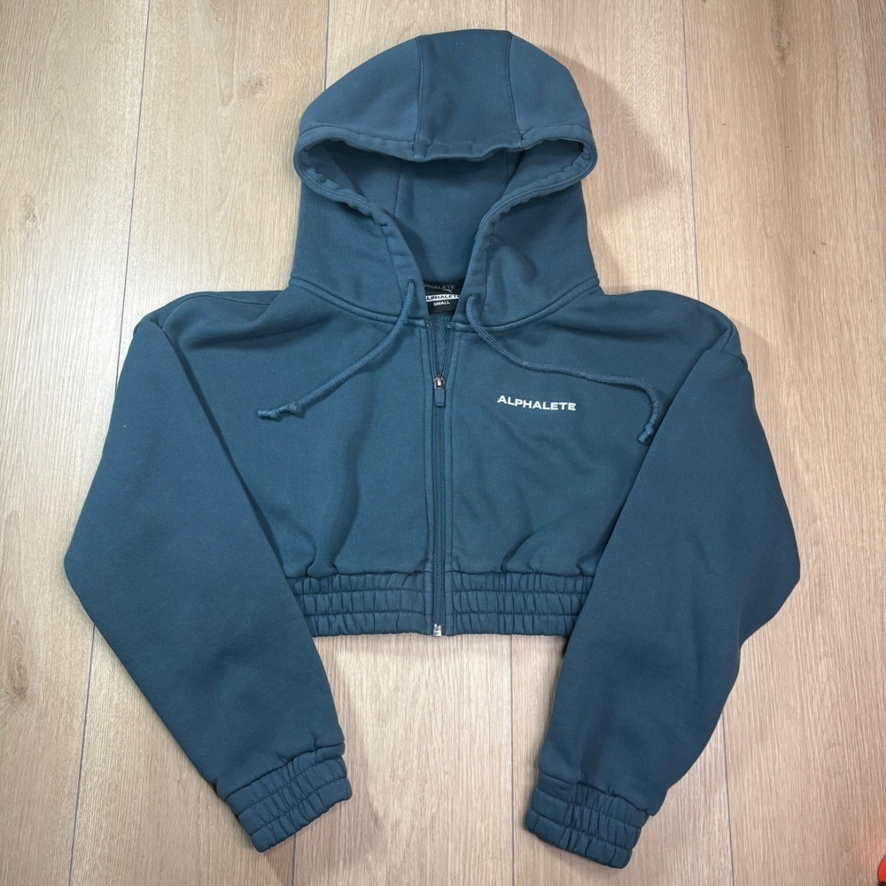 Alphalete Womens Cropped Zip Up Hoodie Small Teal Athletic Sweatshirt Jacket